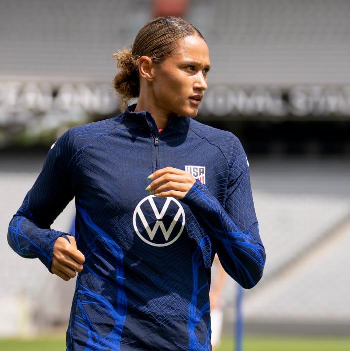 U.S. forward Lynn Williams in action, warming up for a game against New Zealand.